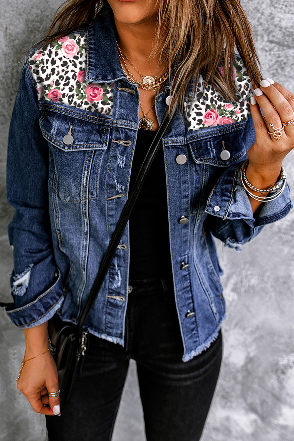 Leopard Rose Print Distressed Button Front Denim Jacket