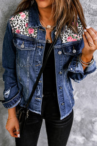 Leopard Rose Print Distressed Button Front Denim Jacket