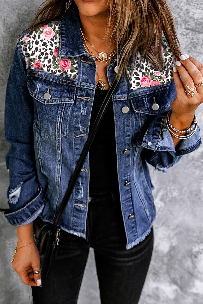 Leopard Rose Print Distressed Button Front Denim Jacket
