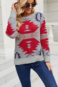 Geometric Printed Round Neck Long Sleeve Sweater