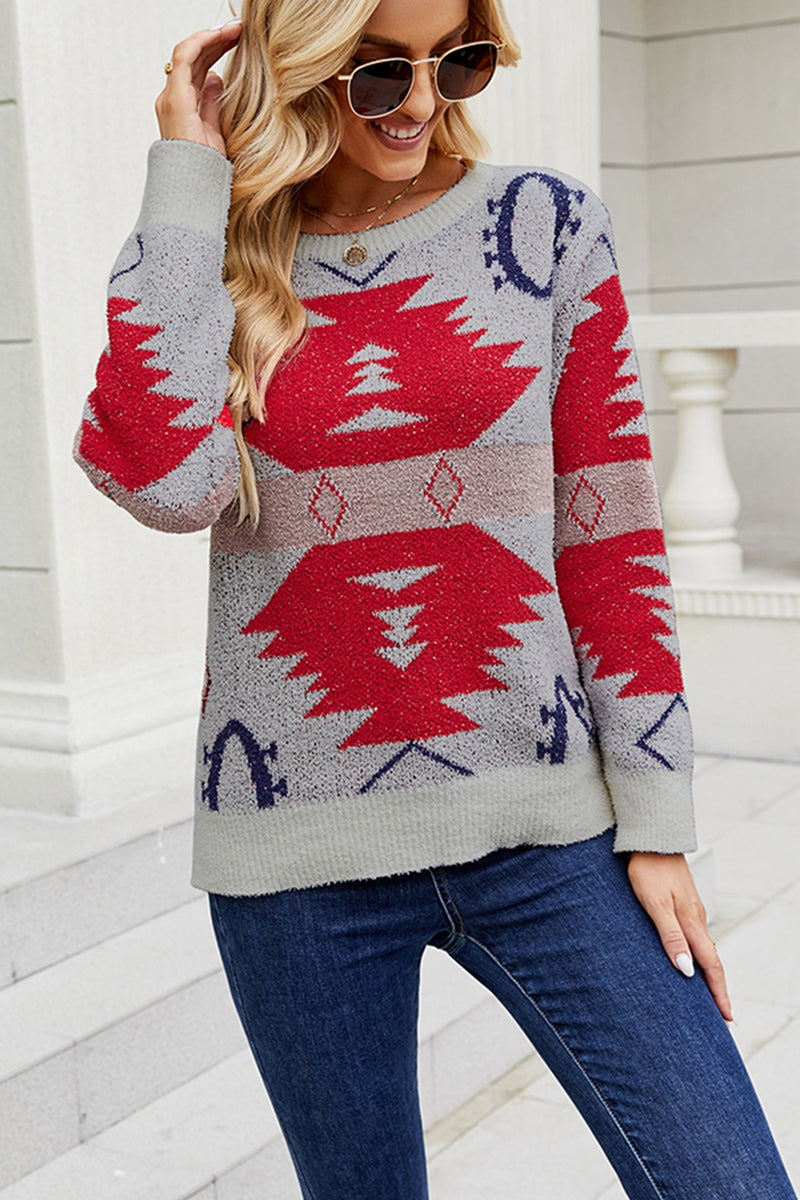 Geometric Printed Round Neck Long Sleeve Sweater