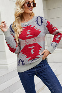 Geometric Printed Round Neck Long Sleeve Sweater