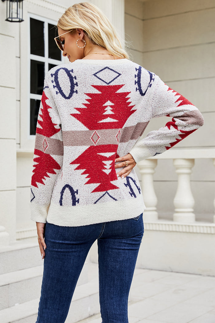 Geometric Printed Round Neck Long Sleeve Sweater
