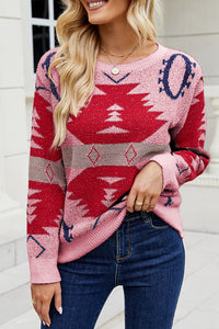 Geometric Printed Round Neck Long Sleeve Sweater