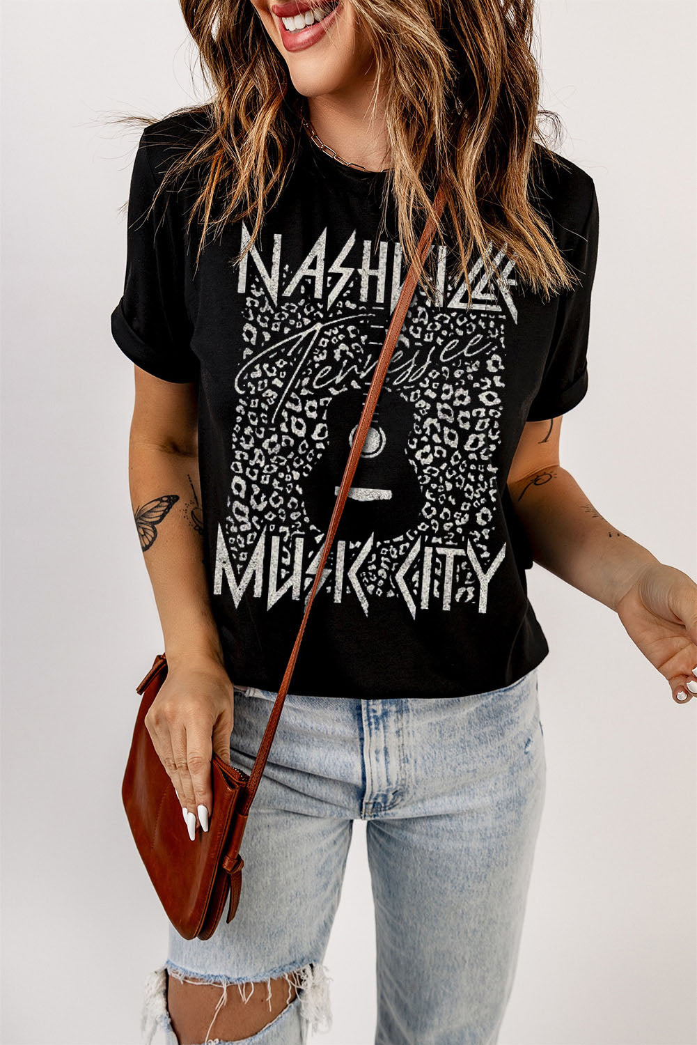Nashville TN Music City Graphic Cuffed Sleeve Round Neck Tee