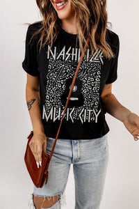 Nashville TN Music City Graphic Cuffed Sleeve Round Neck Tee