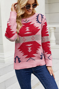 Geometric Printed Round Neck Long Sleeve Sweater