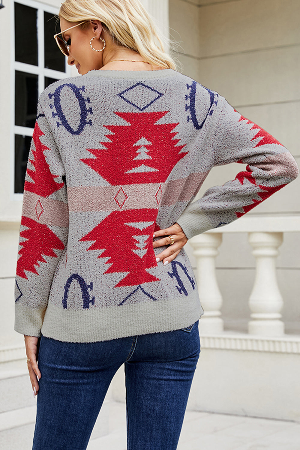 Geometric Printed Round Neck Long Sleeve Sweater