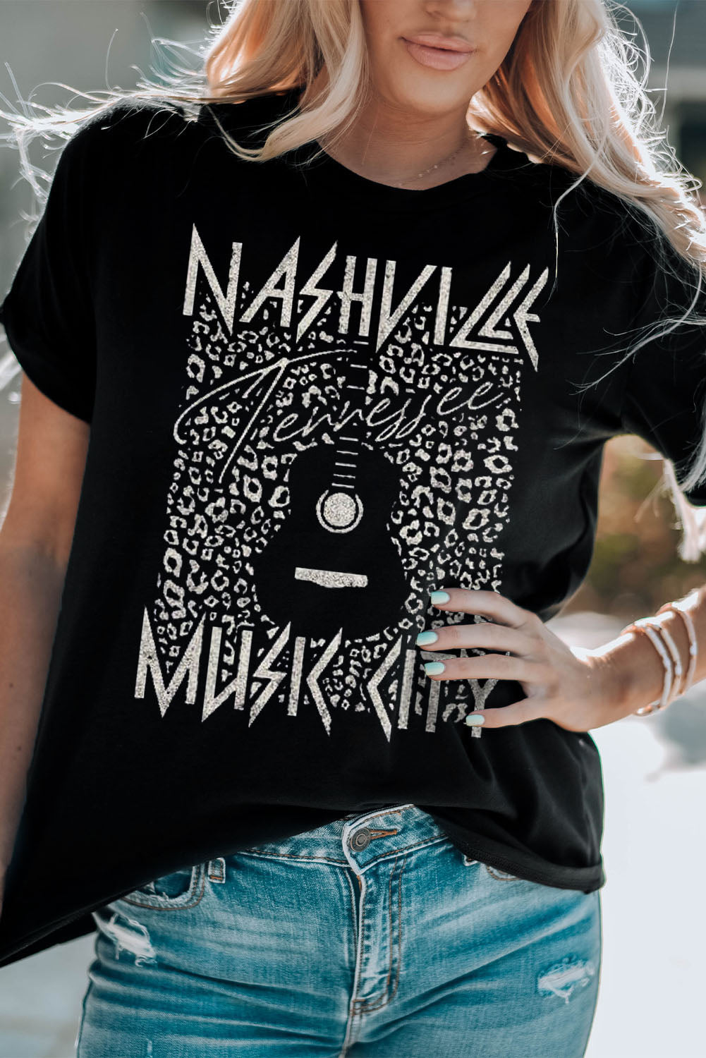 Nashville TN Music City Graphic Cuffed Sleeve Round Neck Tee