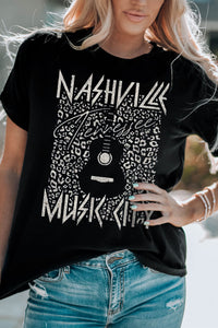 Nashville TN Music City Graphic Cuffed Sleeve Round Neck Tee