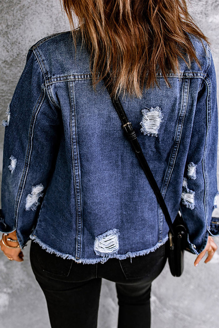 Leopard Rose Print Distressed Button Front Denim Jacket
