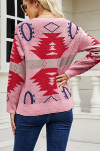 Geometric Printed Round Neck Long Sleeve Sweater
