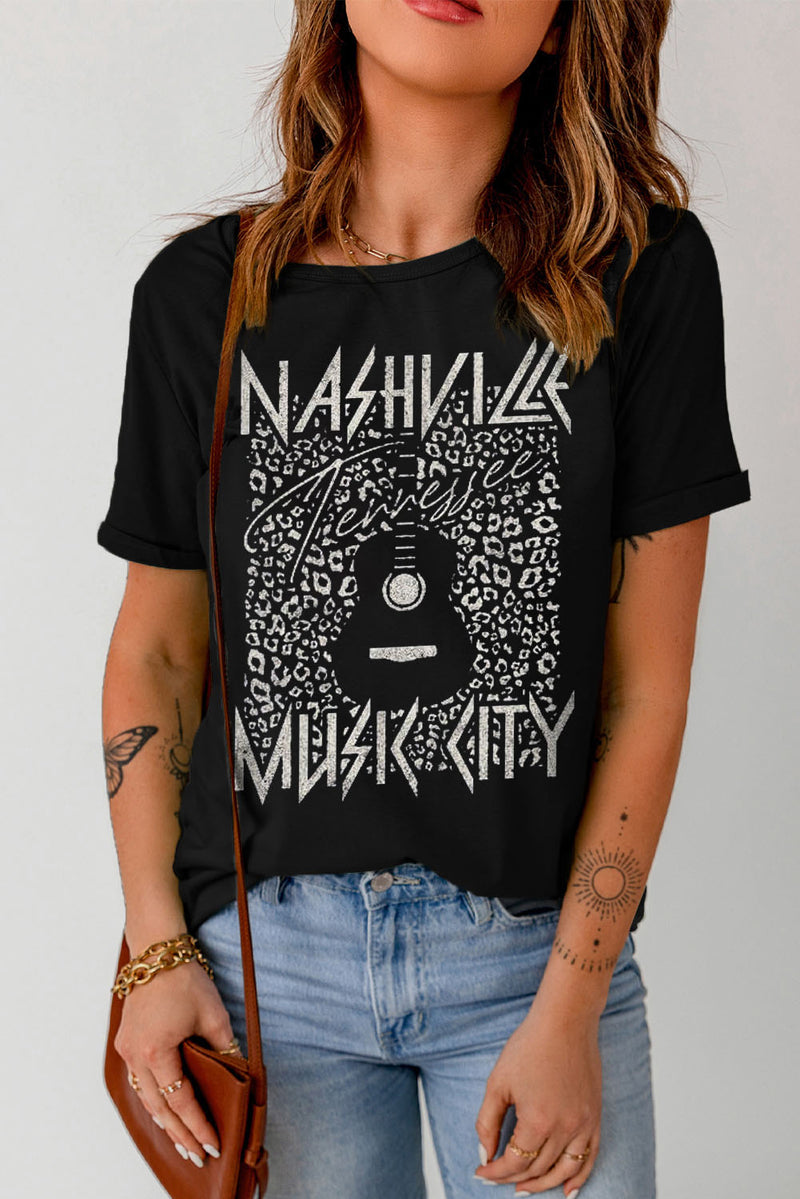 Nashville TN Music City Graphic Cuffed Sleeve Round Neck Tee