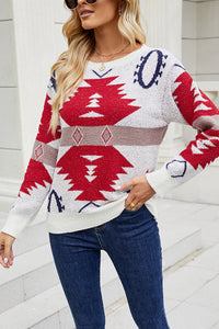 Geometric Printed Round Neck Long Sleeve Sweater