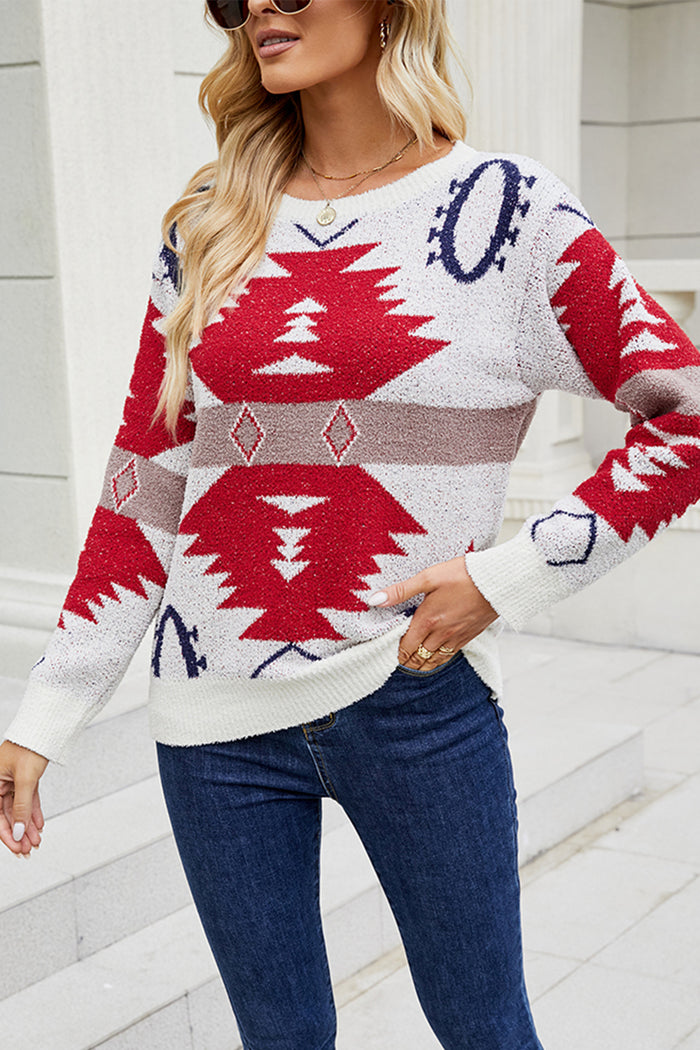 Geometric Printed Round Neck Long Sleeve Sweater